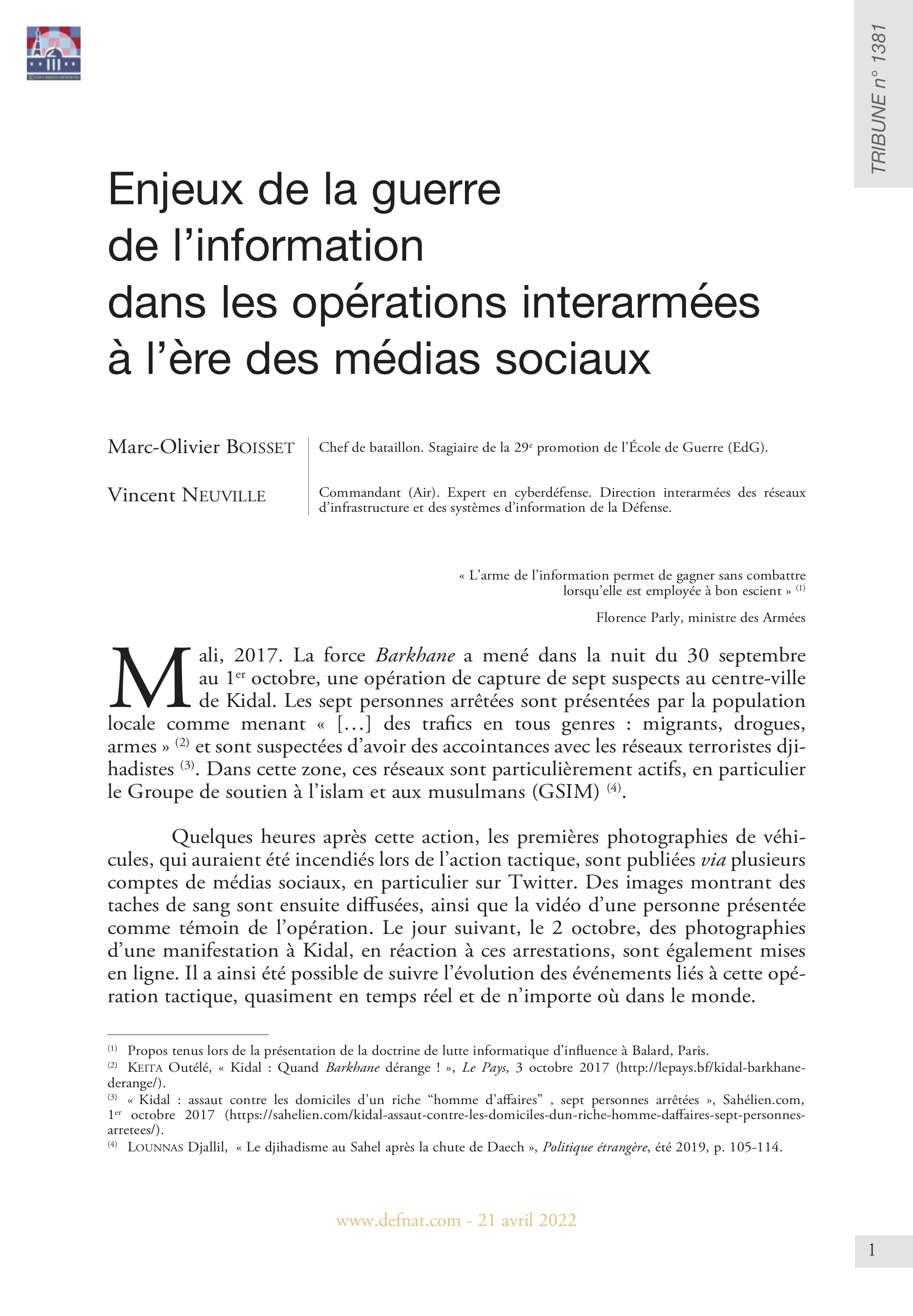 Enjeux de la guerre de l’information dans les opérations interarmées à l’ère des médias sociaux (T 1381)
